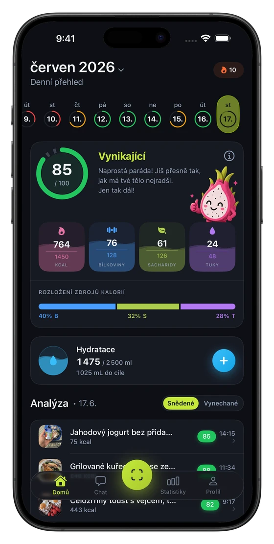 Foodius app home screen showing health score and meal analysis